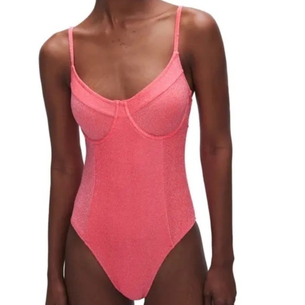Good American Sparkle Show Off Underwire One-Piece Swimsuit Fiery Coral 6/XXXL